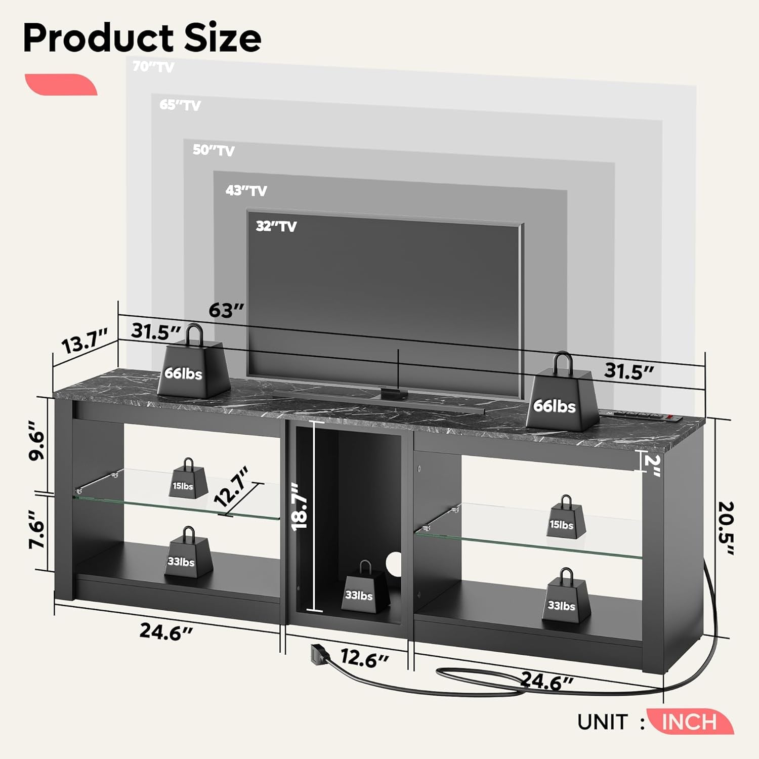 TV Stand for 70 Inch TV with Power Outlets, LED Entertainment Center for PS5, Gaming TV Consoles with Glass Shelves for Living Room, 63'' Inch, Black Marble