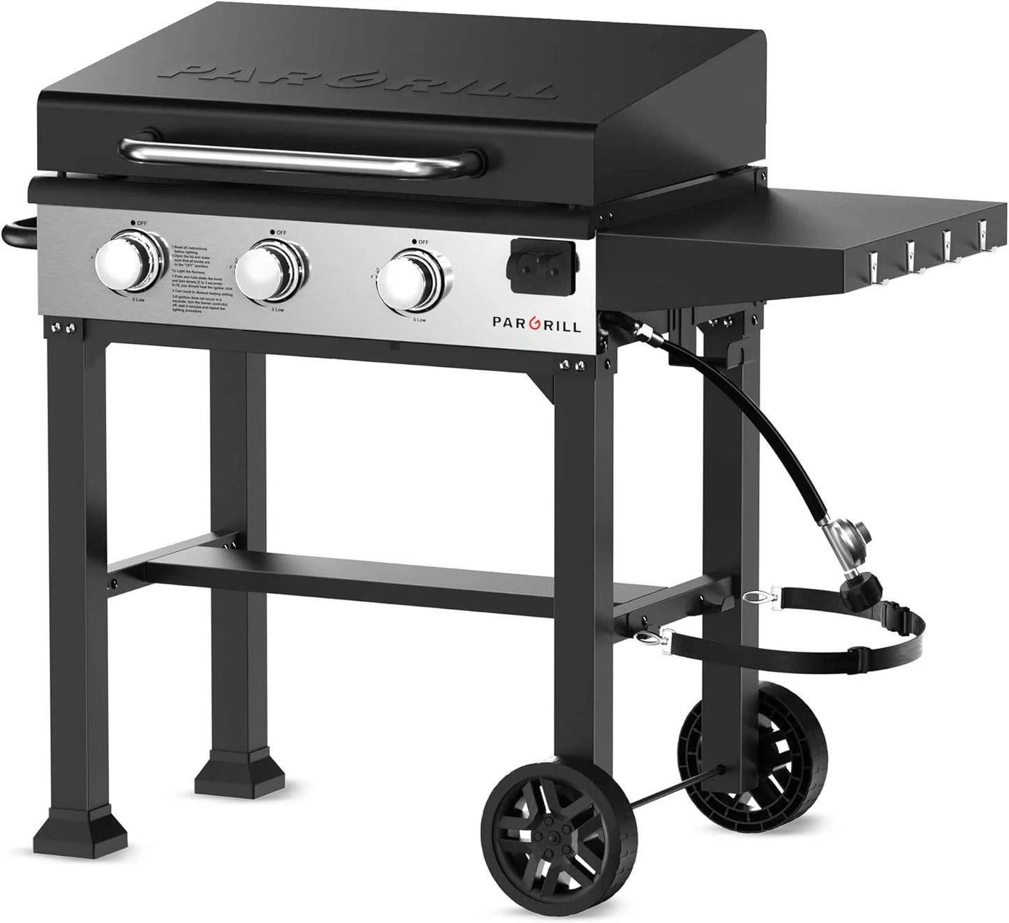 3-Burner 28" Grill Cooking Station,Flat Top Heavy Duty Grill Griddle Station with Gas Hood & Side Shelves for Propane, Barbecue, Kitchen, Outdoor