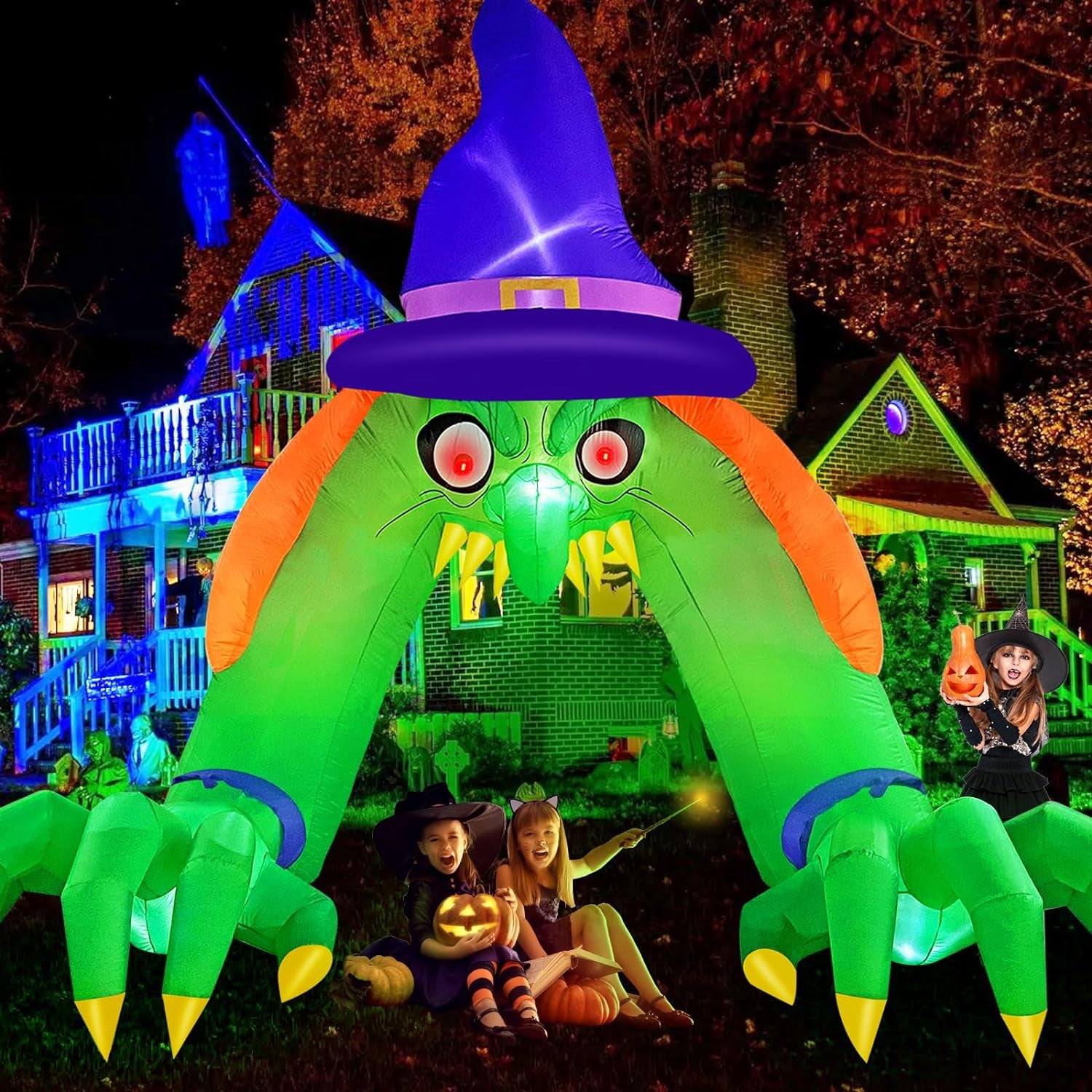 Halloween Inflatables 12FT Green Witch Archway Outdoor Decorations with Glowing Red Eyes, Build-In Leds & Tethers Stakes Halloween Blow Ups Arch for Yard, Indoor, Party, Garden, Lawn Decor