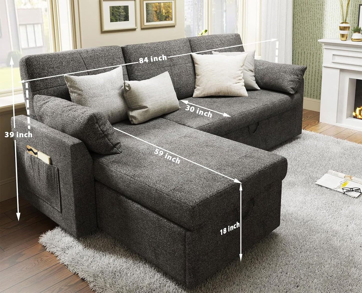 Sleeper Sofa, Sofa Bed- 2 in 1 Pull Out Couch Bed with Storage Chaise for Living Room, Sofa Sleeper with Pull Out Bed, Grey Linen Couch