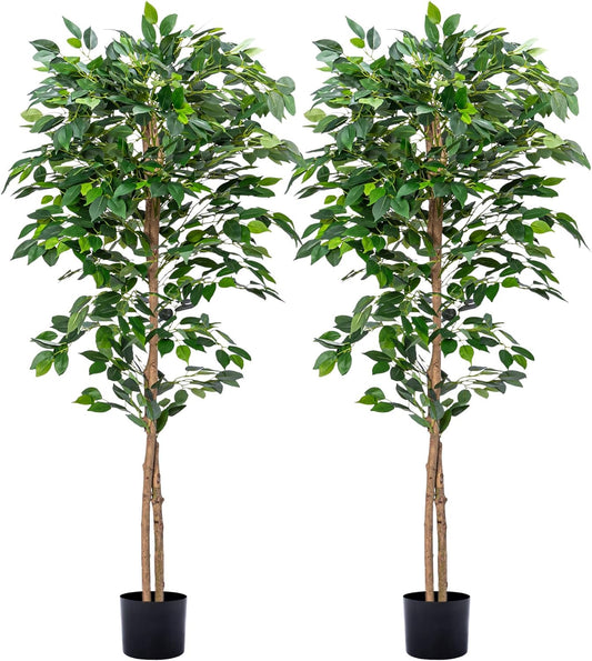 2Packs 5FT Ficus Trees Artificial with Realistic Leaves and Natural Trunk, Faux Ficus Tree with Plastic Nursery Pot, Fake Ficus Tree for Office Home Decor Indoor Outdoor (New Type)