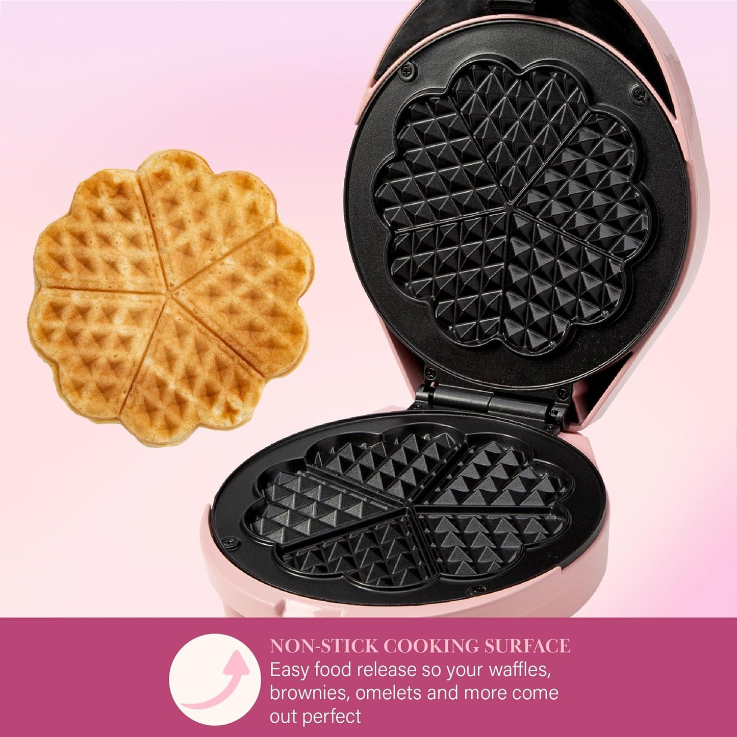 Heart Waffle Maker, Makes 5 Mini Heart Shaped Waffles or 1 Individual Waffle, Easy to Clean 6" Nonstick Plates, Made without PFAS or PFOA, Electric Waffle Iron, Pink