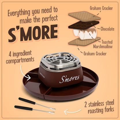 Tabletop Indoor Electric S'Mores Maker - Smores Kit with Marshmallow Roasting Sticks and 4 Trays for Graham Crackers, Chocolate, and Marshmallows - Movie Night Supplies - Brown