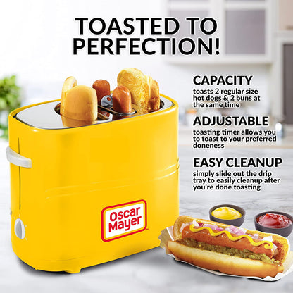 Oscar Mayer 2 Slot Hot Dog and Bun Toaster with Mini Tongs, Hot Dog Toaster Works with Chicken, Turkey, Veggie Links, Sausages and Brats, Yellow