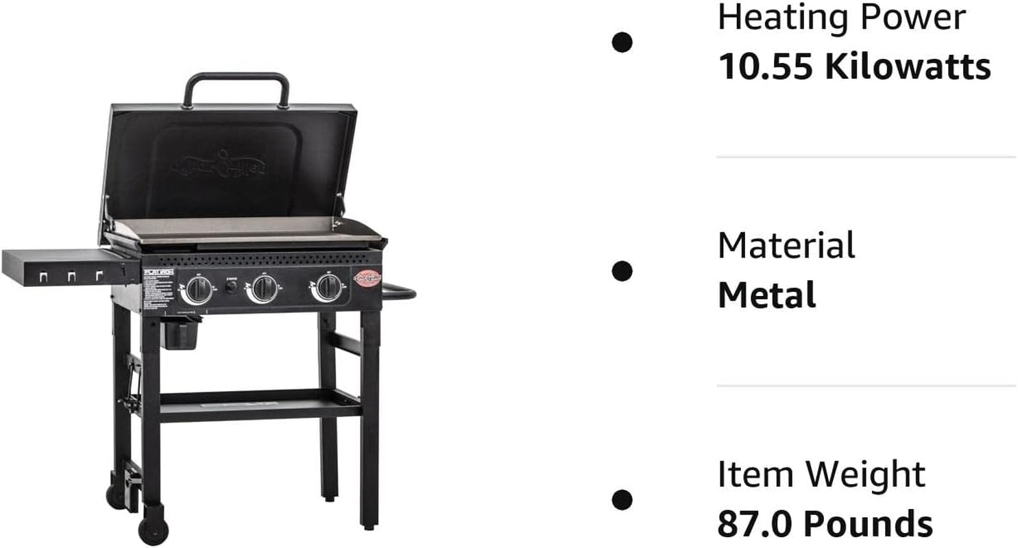 ® Flat Iron 3-Burner Propane Gas Flat-Top Griddle with Steel Griddle Top, Hinged Lid and Wind Guards, 520 Cooking Square Inches in Black, Model 8428