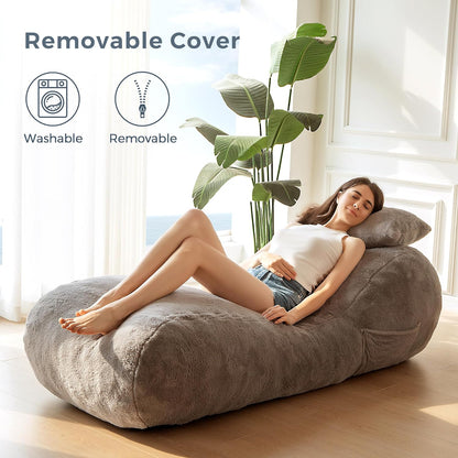 Bean Bag Bed with Pillow, Chaise Lounge Chair Indoor, Velvet Floor Sofa, Fainting Couch for Bedroom Living Room, Shredded Foam Filling, Removable and Machine Washable Cover