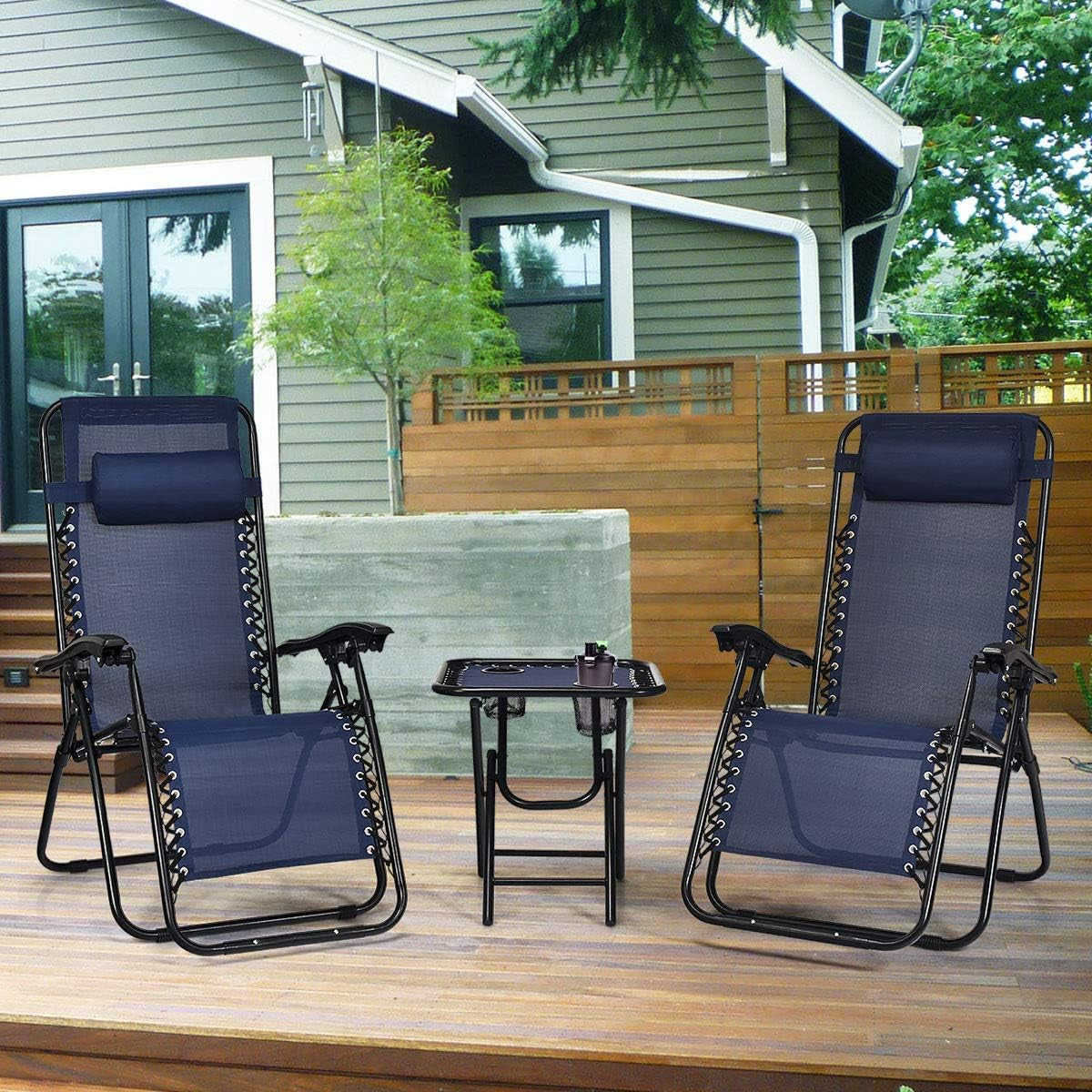 3 PCS Zero Gravity Chair Patio Chaise Lounge Chairs Outdoor Yard Pool Recliner Folding Lounge Table Chair Set (Navy)