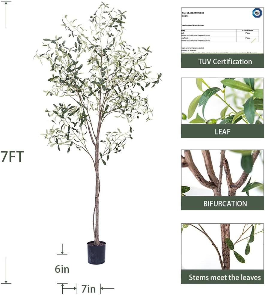 Artificial Olive Tree Tall Fake Potted Olive Silk Tree with Planter Large Faux Olive Branches and Fruits Artificial Tree for Modern Home Office Living Room Floor Decor Indoor (7FT)