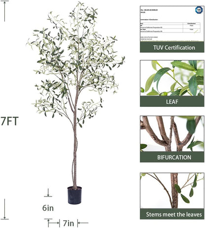 Artificial Olive Tree Tall Fake Potted Olive Silk Tree with Planter Large Faux Olive Branches and Fruits Artificial Tree for Modern Home Office Living Room Floor Decor Indoor (7FT)