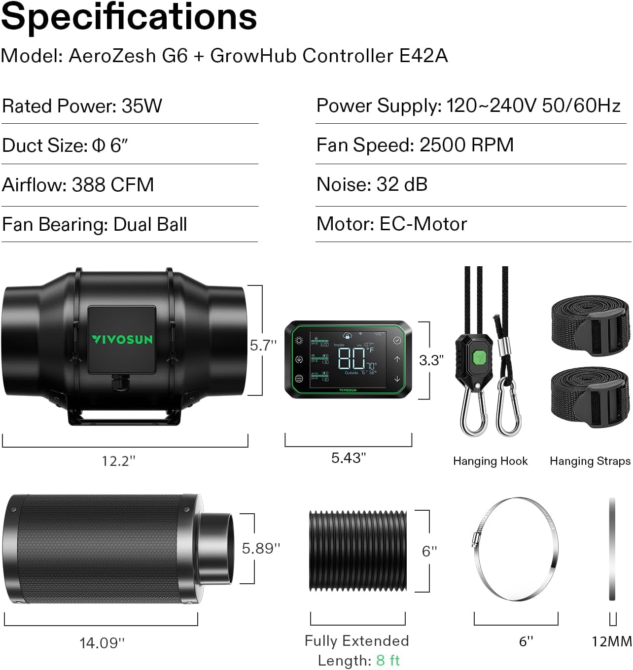 Smart Air Filtration PRO G6 Kit 6", Aerozesh G6 Inline Duct Fan W/Growhub E42A Temp. Humidity Wifi-Controller, Carbon Filter & Ducting, Cooling & Ventilation System for Grow Tent, Hydroponics