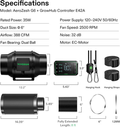 Smart Air Filtration PRO G6 Kit 6", Aerozesh G6 Inline Duct Fan W/Growhub E42A Temp. Humidity Wifi-Controller, Carbon Filter & Ducting, Cooling & Ventilation System for Grow Tent, Hydroponics