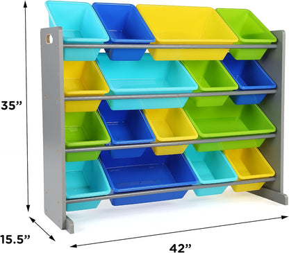 Extra-Large Toy Organizer, 16 Storage Bins, Grey/Blue/Green/Yellow,15.5"D X 42"W X 35"H