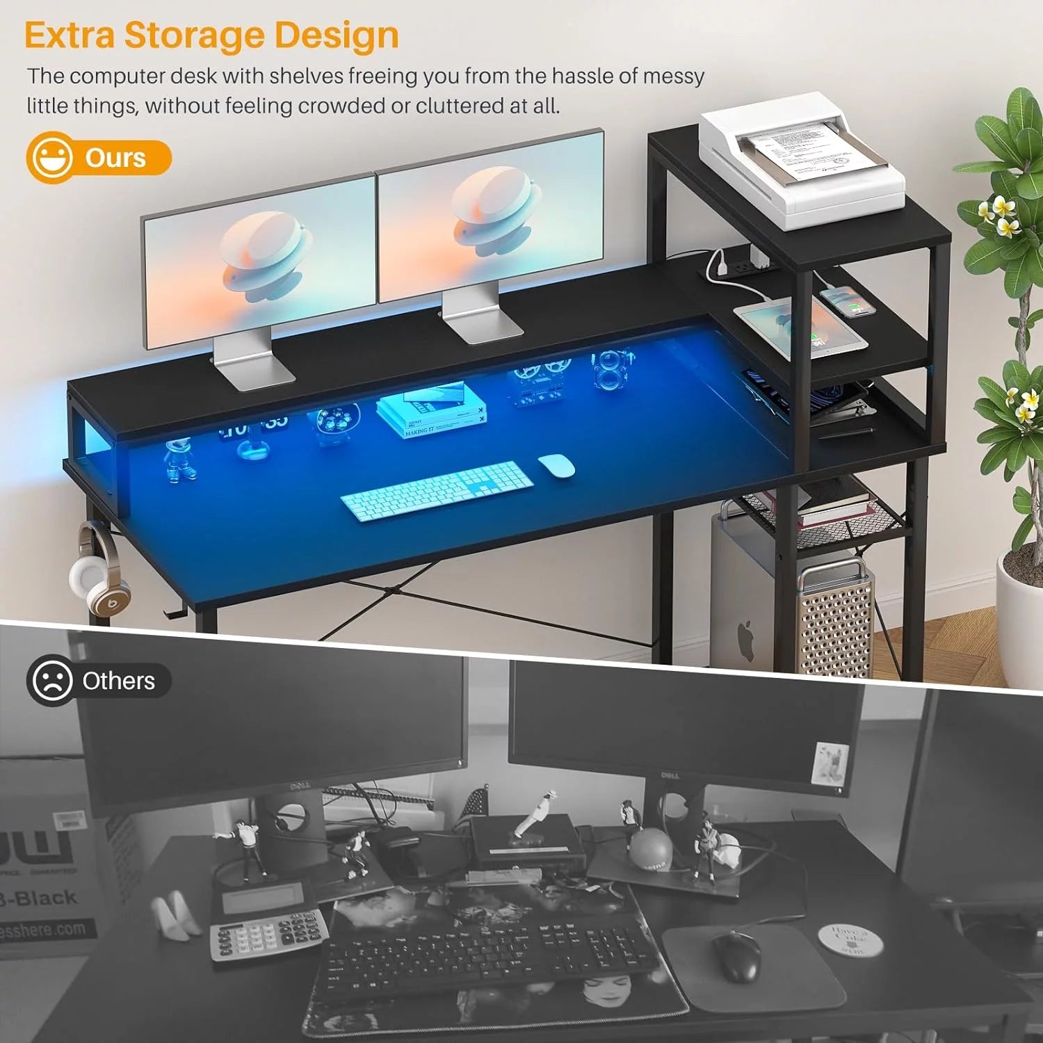 Gaming Desk with Power Outlet and USB Ports, 47 Inch Ergonomic Computer Desk with LED Strip and Monitor Stand, Reversible Small Desk Office Desk Writing Desk with Storage Shelf, Black - Design By Technique