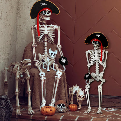 2 Pack 5.58 Ft and 3 Ft Life Size Halloween Skeleton with Pirate Costume Set Adult and Child Size Full Body Bones with Posable Joints for Halloween Outdoor Haunted Yard Party Prop Decoration