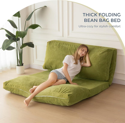 Bean Bag Bed Folding Sofa Bed Floor Mattress for Adults, Extra Thick and Long Floor Sofa with Corded Washable Cover, Green, 30X95 Inch
