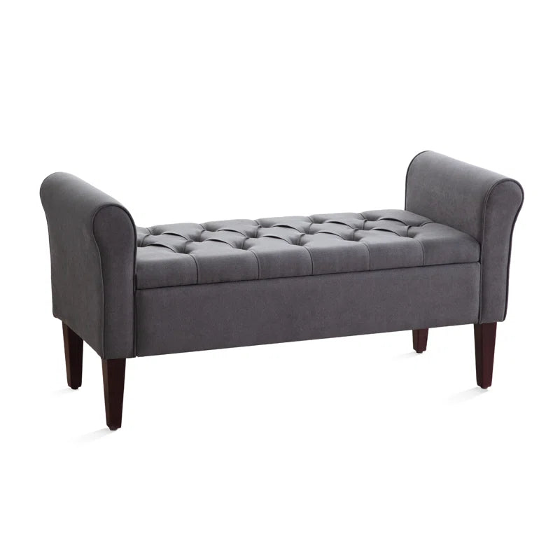 Polyester Upholstered Storage Bench with Tufted Flip Top and Wooden Legs