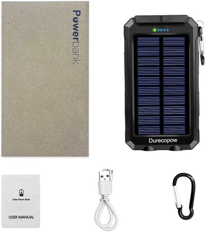 Solar Charger, 20000Mah Portable Outdoor Waterproof Solar Power Bank, Camping External Backup Battery Pack Dual 5V USB Ports Output, 2 Led Light Flashlight with Compass (Black)