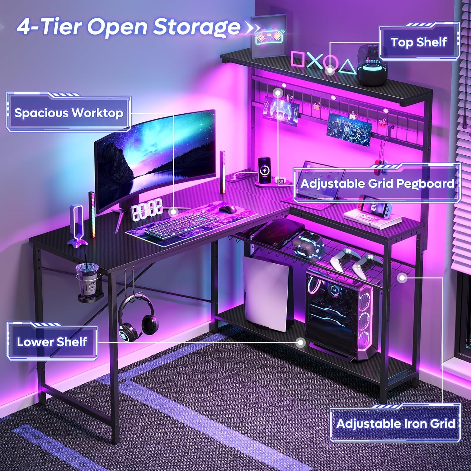 L Shaped Gaming Desk with Power Outlets, 51 Inch Large LED Computer Desk Reversible Corner Desk with 4 Tiers Storage Shelves, Gamer Desk with Headset Hooks and Cup Holder, Carbon Fiber Black