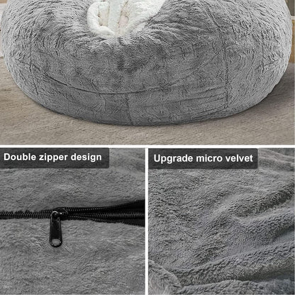 Giant Fur Bean Bag Chair Cover for Kids Adults, (No Filler) Living Room Furniture Big round Soft Fluffy Faux Fur Beanbag Lazy Sofa Bed Cover (Grey, 5FT)