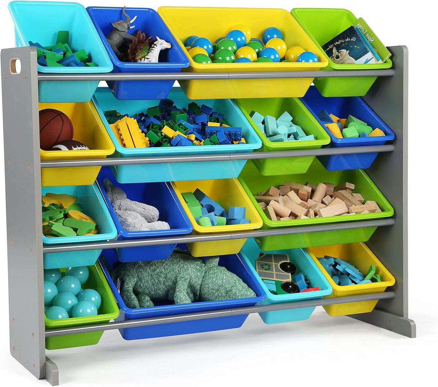 Extra-Large Toy Organizer, 16 Storage Bins, Grey/Blue/Green/Yellow,15.5"D X 42"W X 35"H