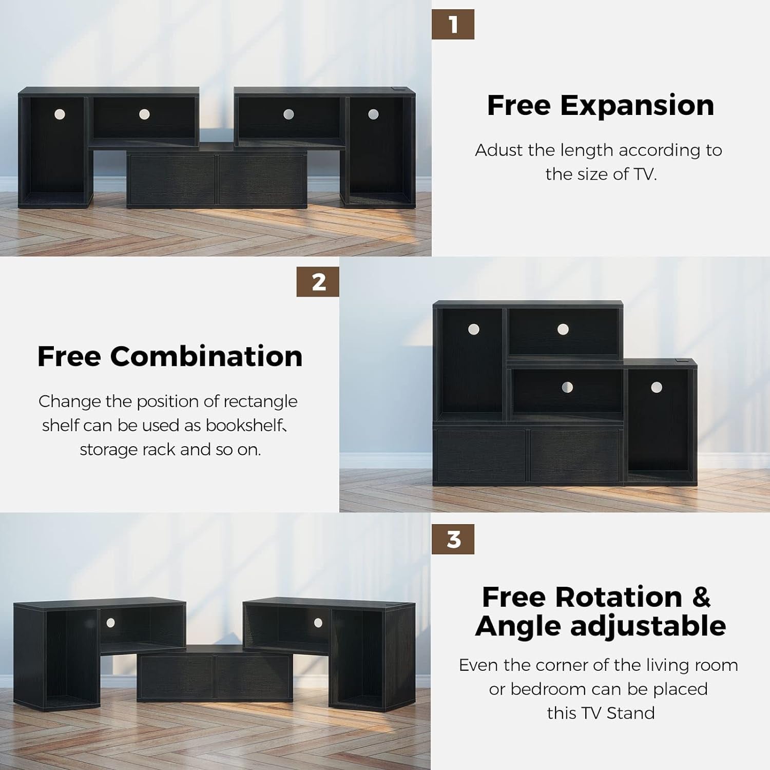 TV Stand, Deformable TV Stand with Power Outlets & LED Strip, Modern Entertainment Center for 45/50/55/60/65/70 Inch Tvs, 3 Pieces TV Stand with 2 Storage Cabinet and Open Storage, Black