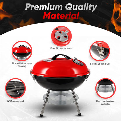 – 14-Inch Portable Barbecue Grill with 3-Point Locking Lid for Heat Preservation – Dual Venting System – Small Charcoal Grill for Backyard, Camping, Boat