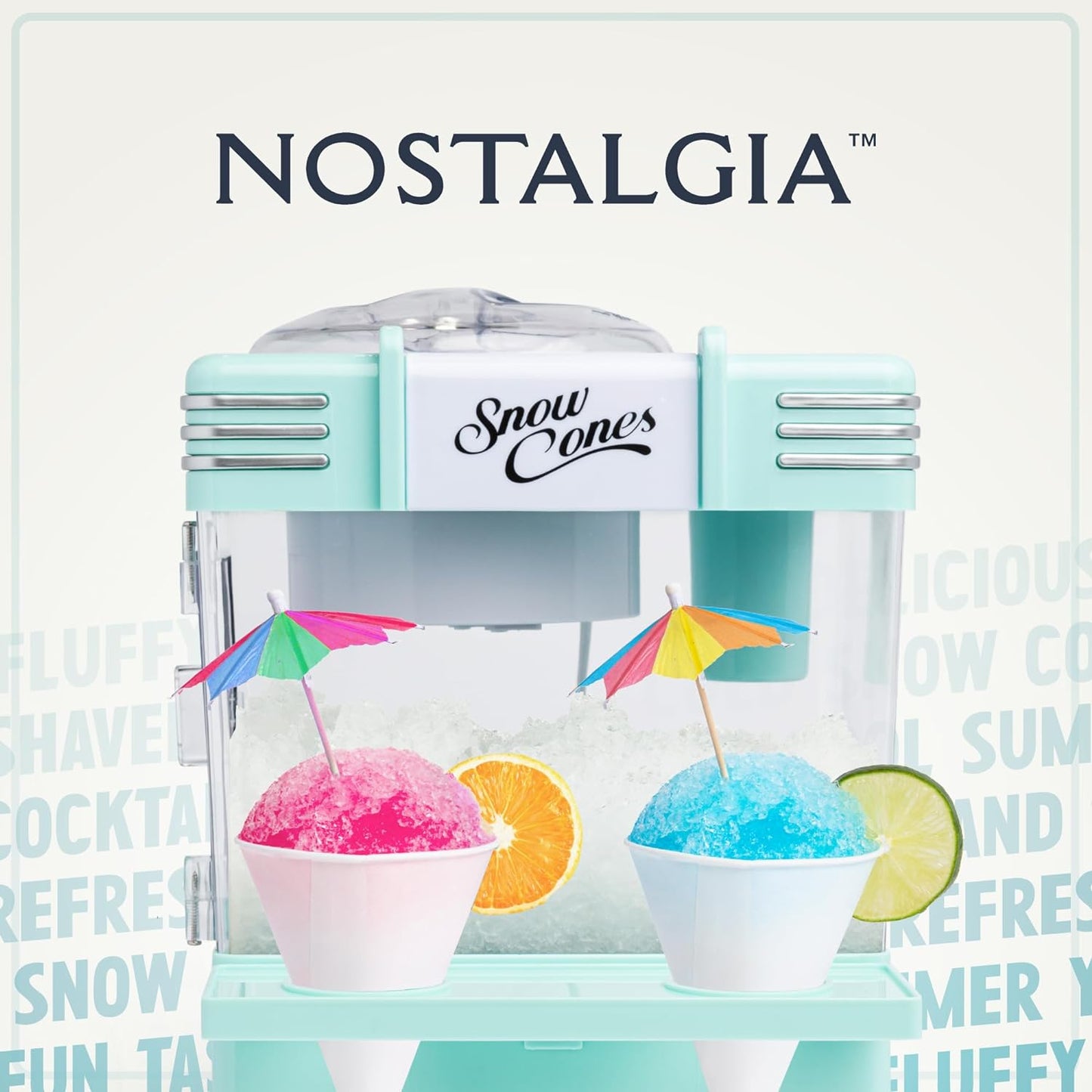 Snow Cone Shaved Ice Machine - Retro Table-Top Slushie Machine Makes 20 Icy Treats - Includes 2 Reusable Plastic Cups & Ice Scoop - Aqua