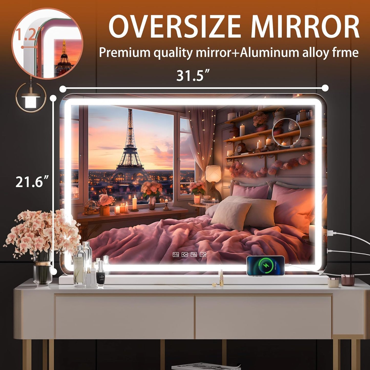 Vanity Mirror with Lights and Bluetooth Speaker, 32" X 22" LED Makeup Mirror, Lighted Makeup Mirror with Dimmable 3 Modes, USB Charging Port, round White