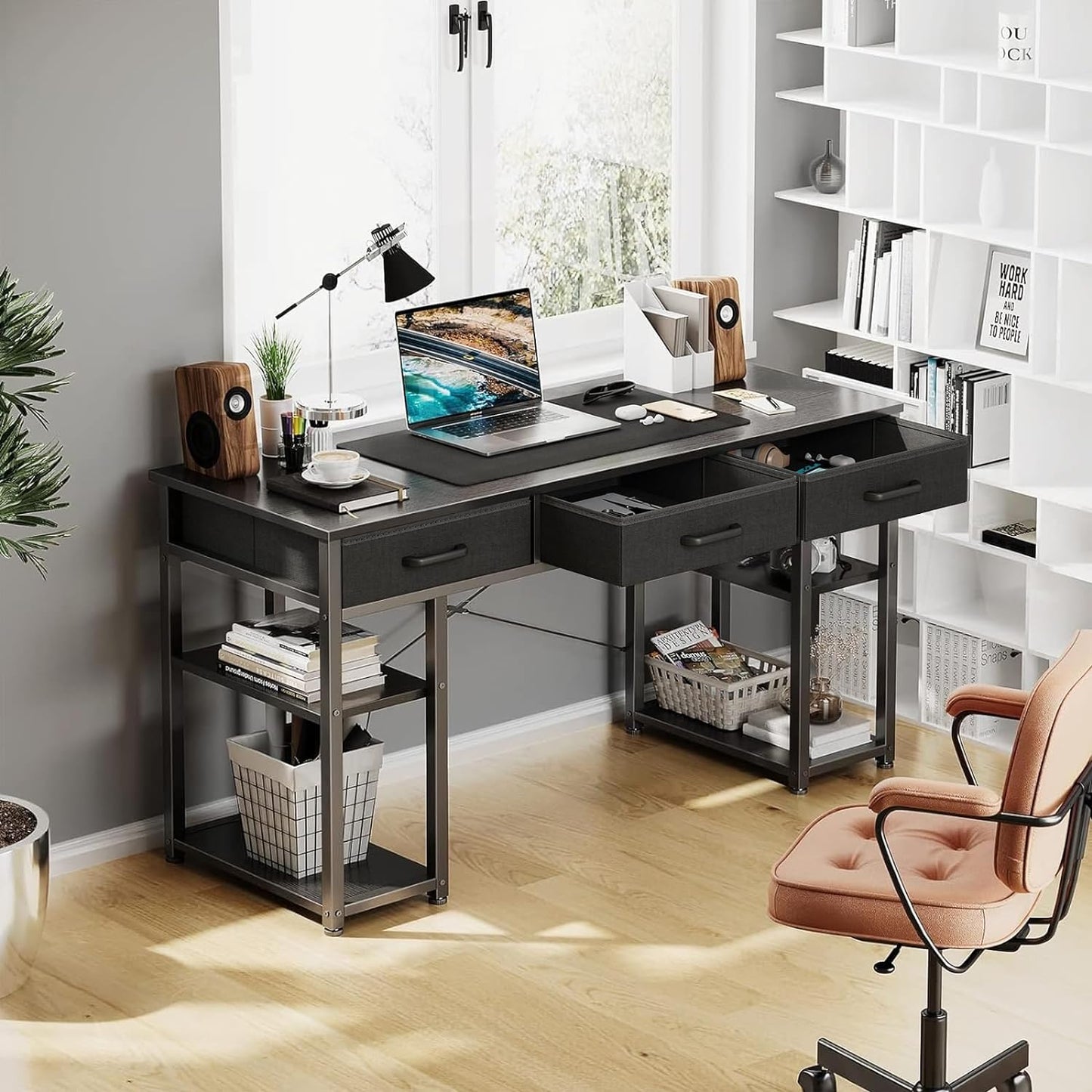 Office Small Computer Desk: Home Table with Fabric Drawers & Storage Shelves, Modern Writing Desk, Black, 48"X16"
