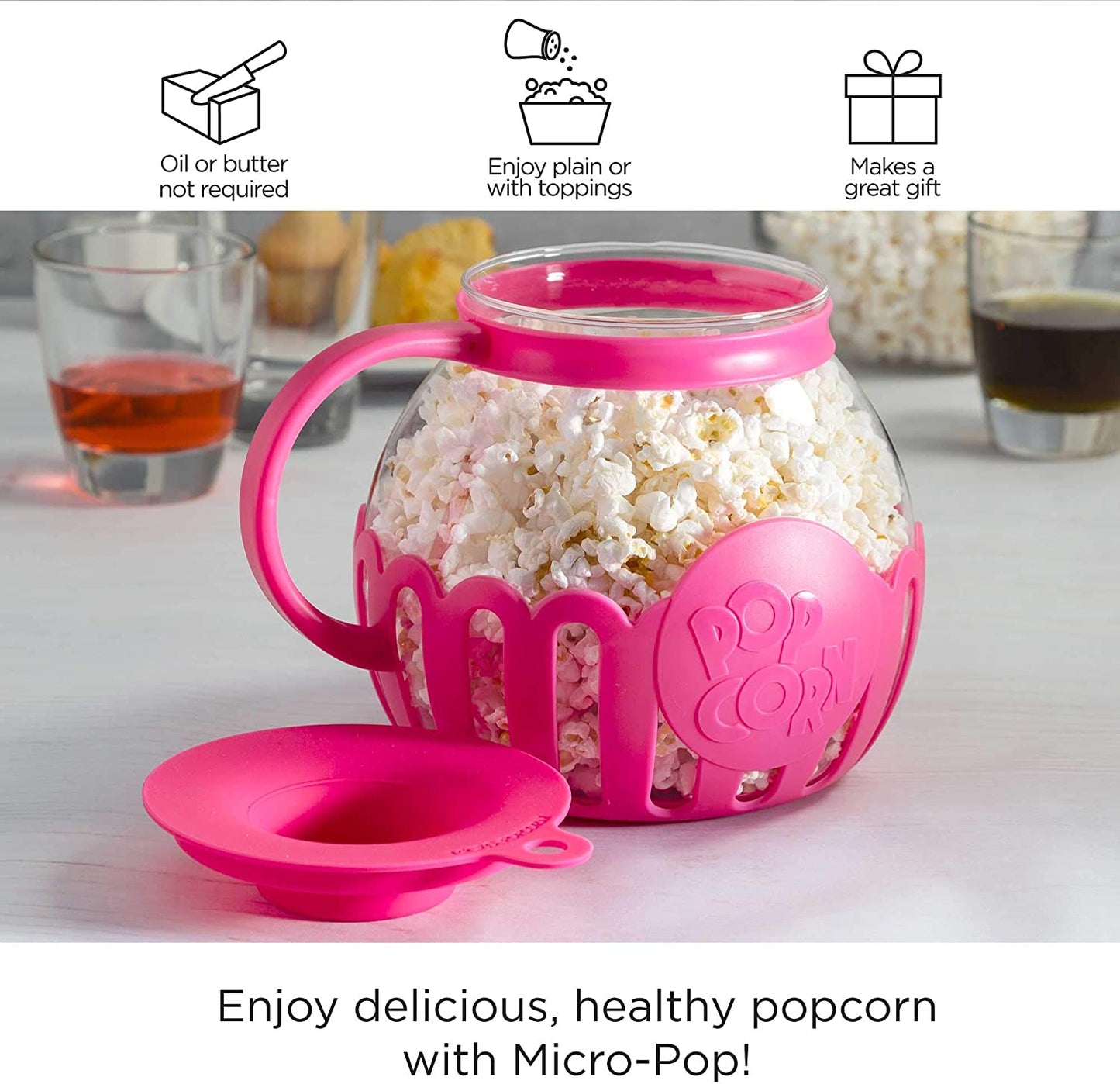 Patented Micro-Pop Microwave Popcorn Popper with Temperature Safe Glass, 3-In-1 Lid Measures Kernels and Melts Butter, Made without BPA, Dishwasher Safe, 3-Quart, Pink