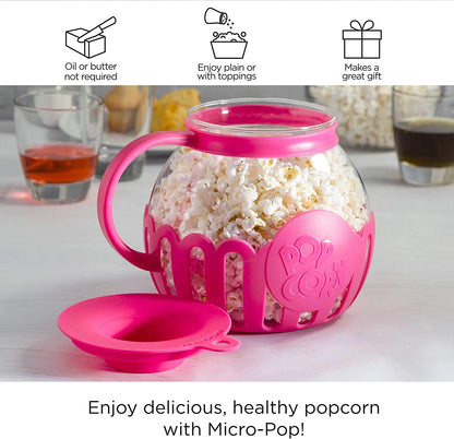 Patented Micro-Pop Microwave Popcorn Popper with Temperature Safe Glass, 3-In-1 Lid Measures Kernels and Melts Butter, Made without BPA, Dishwasher Safe, 3-Quart, Pink