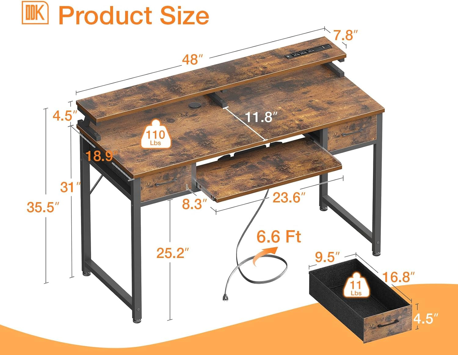 Computer Desk with Drawers, 48 Inch Office Desk with Power Outlet, PC Desk with Keyboard Tray, Study Table Work Desk with Monitor Shelf, Writing Desk for Home Office, Rustic Brown