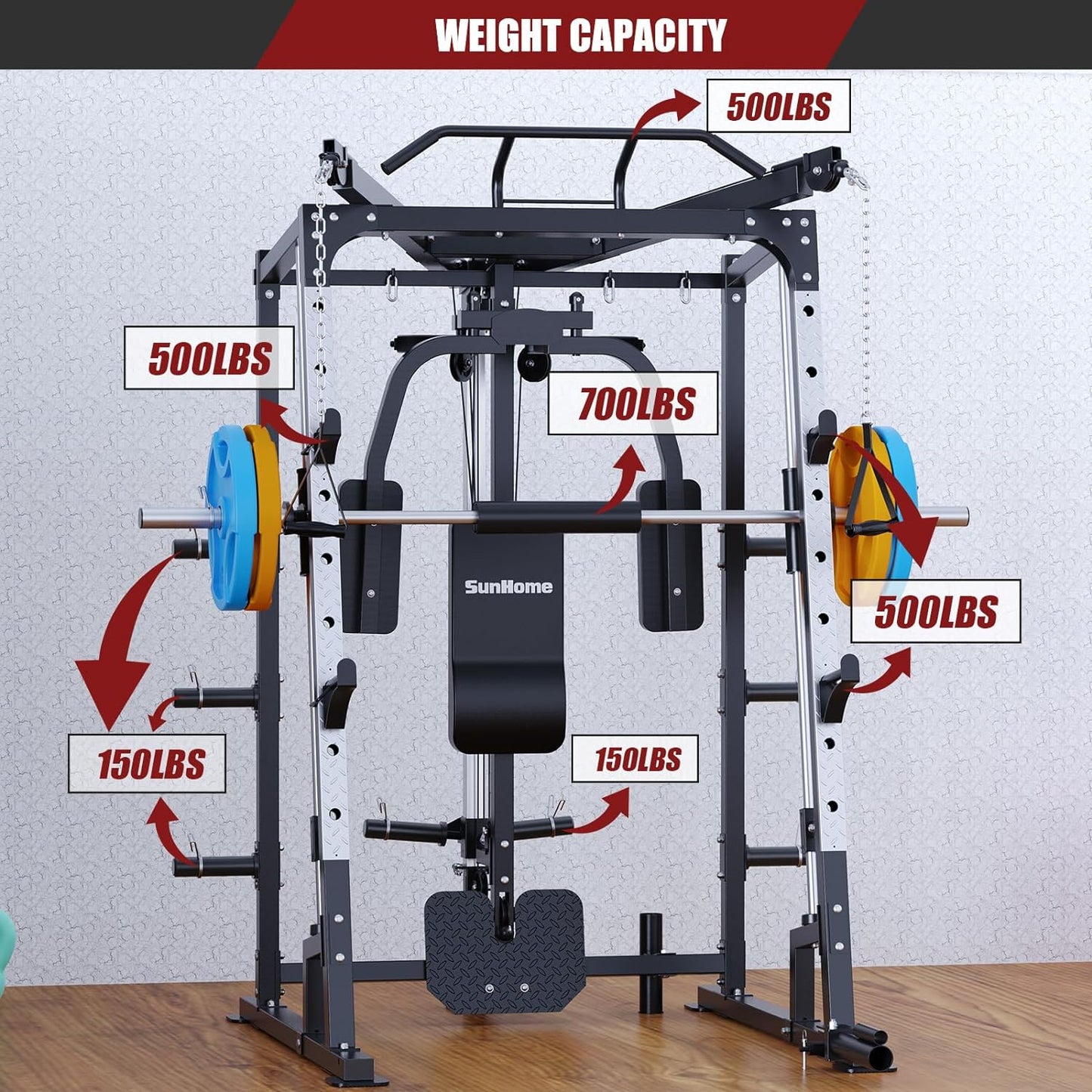 Smith Machine, 2000LBS Power Cage Squat Rack with Smith Bar, Two LAT Pull-Down Systems, Cable Crossover Machine and and More Cable Attachment for Home Gym