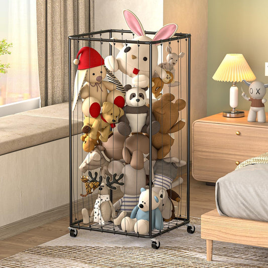 210L Stuffed Animal Organizer Plush Toy Storage Organizer Toy Storage Basket, Kids Toy Storage Bins with Wheels, Metal Frame and Elastic Cord Design, Suitable for Storage of Any Stuff