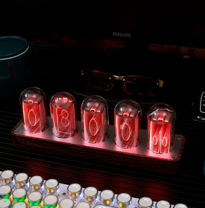 Nixie Tube Clock with Wi-Fi SYNC, Alarm & Timer, 12/24H Display, No Assembly Required - a Retro Gift for Friends (Wood Grain)