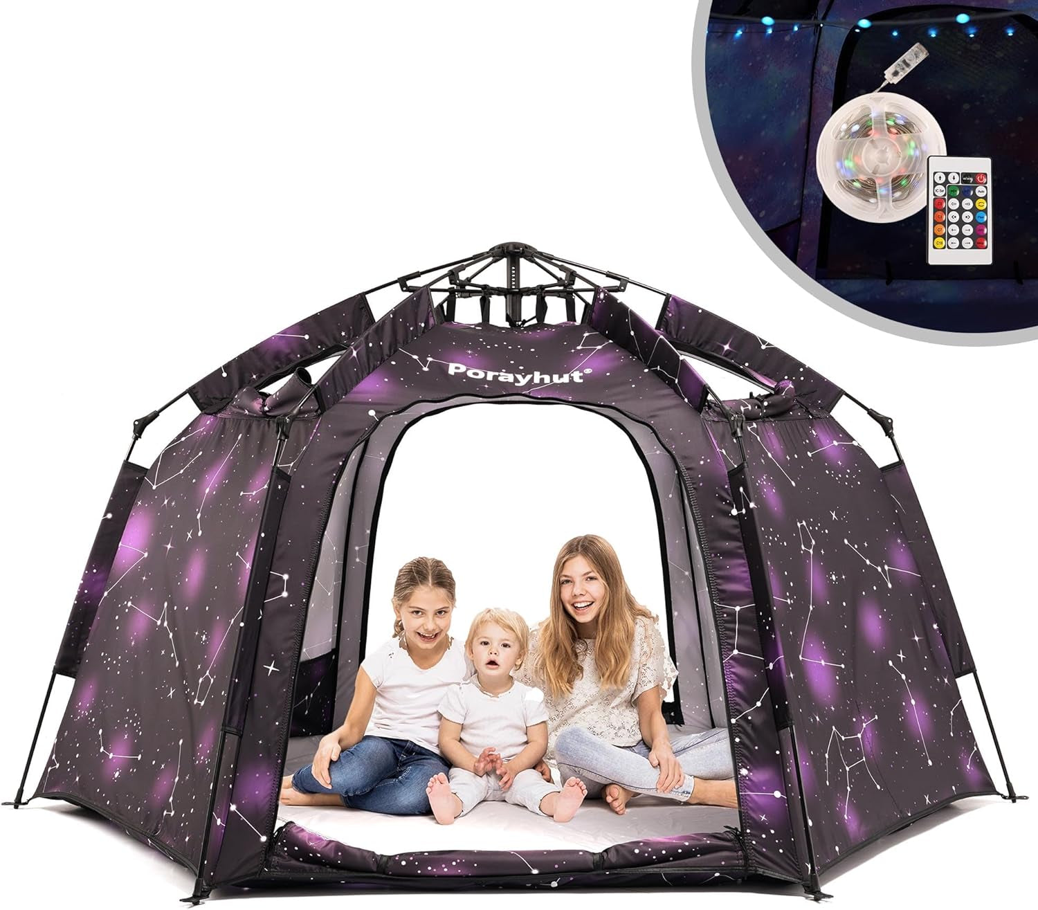 Portable Hexagon Kids Play Tent with LED Strip Lights Indoor Children Play House Easy Set-Up Space Tent Dream Tent for Night.4-5 Person Large Tent & Birthday Gifts