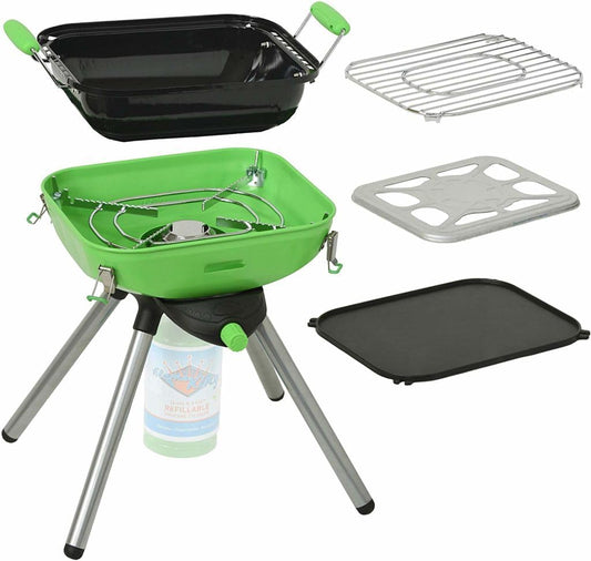 YSNVT-301 Multi-Function Portable Propane BBQ Grill Camp Stove, 8000 BTU 9.5 X 12 Inch Cooking Surface, Light Green/Black