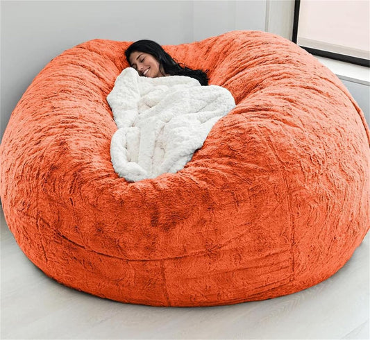 Giant Fur Bean Bag Chair Cover for Kids Adults, (No Filler) Living Room Furniture Big round Soft Fluffy Faux Fur Beanbag Lazy Sofa Bed Cover (Orange, 5FT)