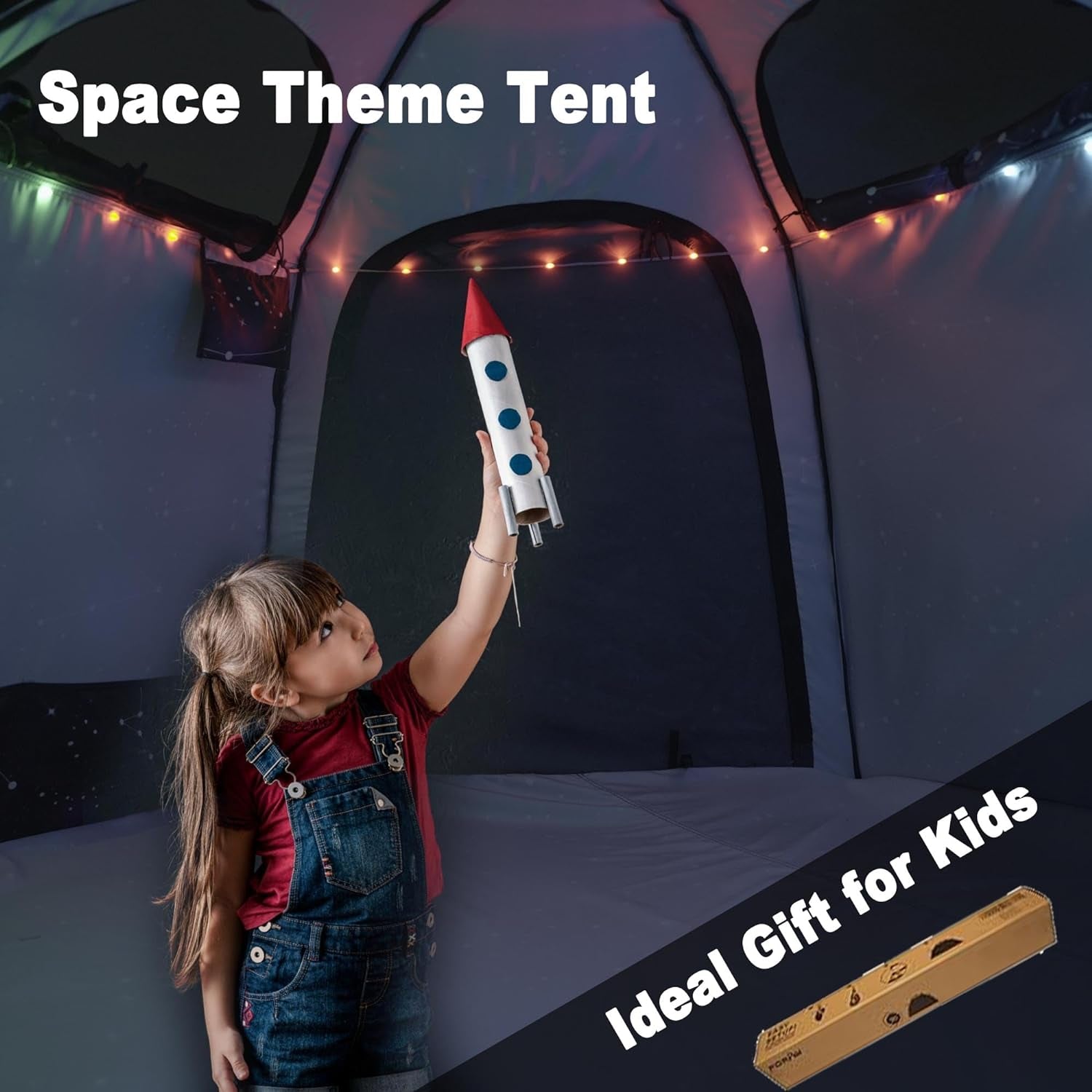 Portable Hexagon Kids Play Tent with LED Strip Lights Indoor Children Play House Easy Set-Up Space Tent Dream Tent for Night.4-5 Person Large Tent & Birthday Gifts