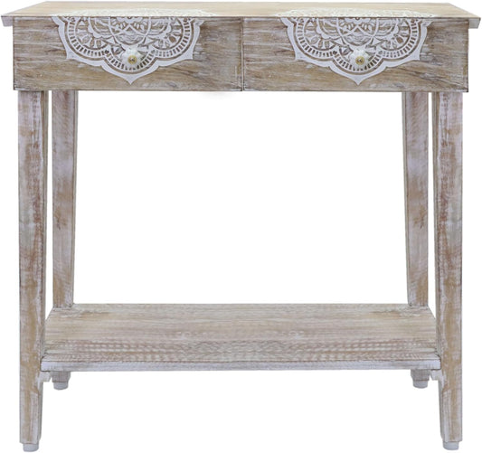 Wood Accent Console - Suzani Hand Carved Sofa Table - Hallway Entryway Table with Pull Drawers and Shelf - Small Space Modern Farmhouse Easy Assembly - 32 W X 32 H X 14 D - White Wash