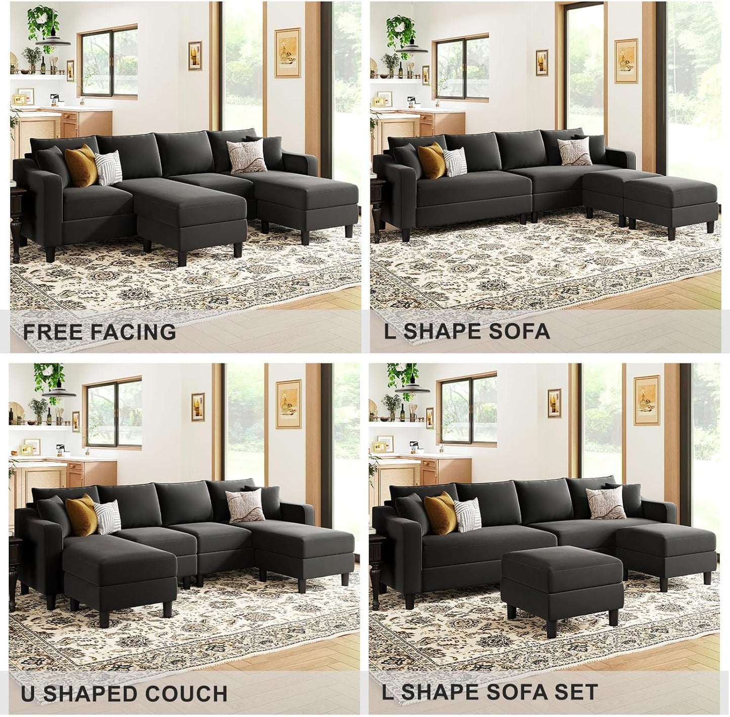 U Shaped Sectional Sofa Velvet Convertible Sofa with Reversible Chaises Sectional Couches with Ottomans for Living Room (Grey)…