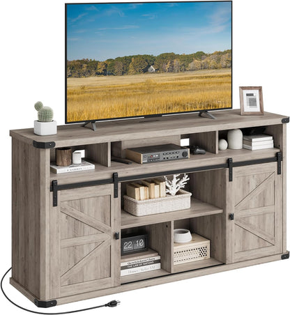 TV Stand for Tvs up to 65 Inches, Farmhouse Entertainment Center with Sliding Barn Doors, TV Console Table for Living Room, Heather Greige ULTV322K02