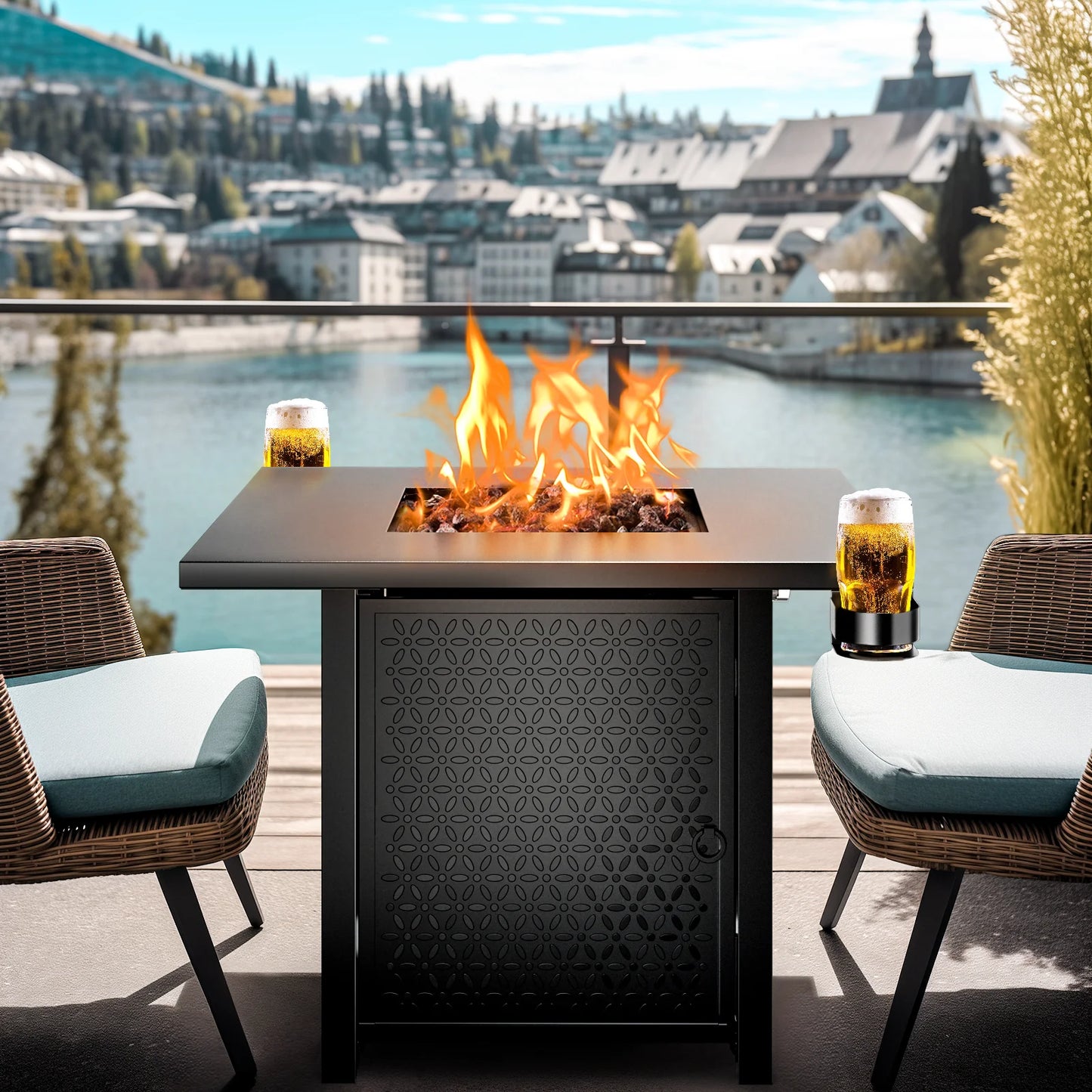 28 Inch Propane Fire Pits with Lid and Lava Rock, 50000 BTU Steel Gas Fire Pit Table for Outdoor - Design By Technique