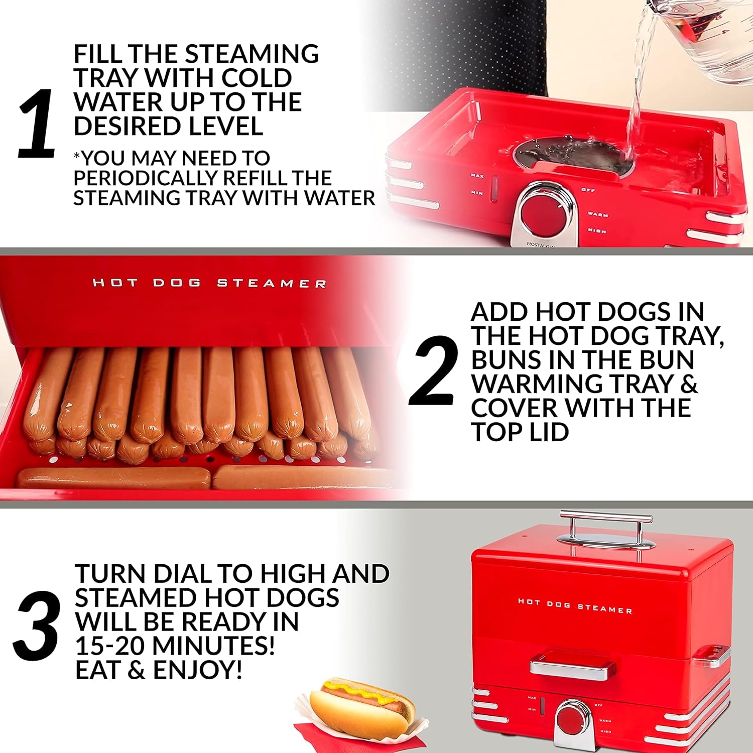 Extra Large Diner-Style Steamer 20 Hot Dogs and 6 Bun Capacity, Perfect for Breakfast Sausages, Brats, Vegetables, Fish