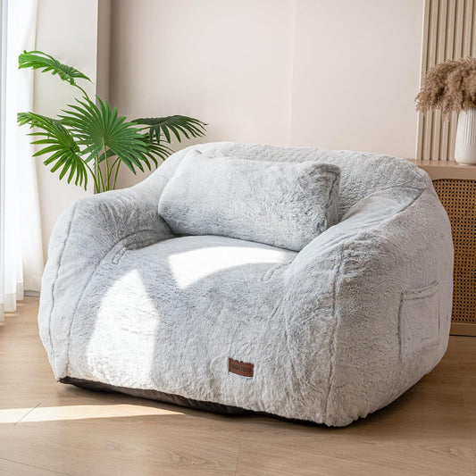 Giant Bean Bag Chair with Pillow,Faux Fur Fabric Fluffy and Comfy Bean Bag Sofa Large Bean Bag Chair Adult Size with Filler for Reading, Gaming