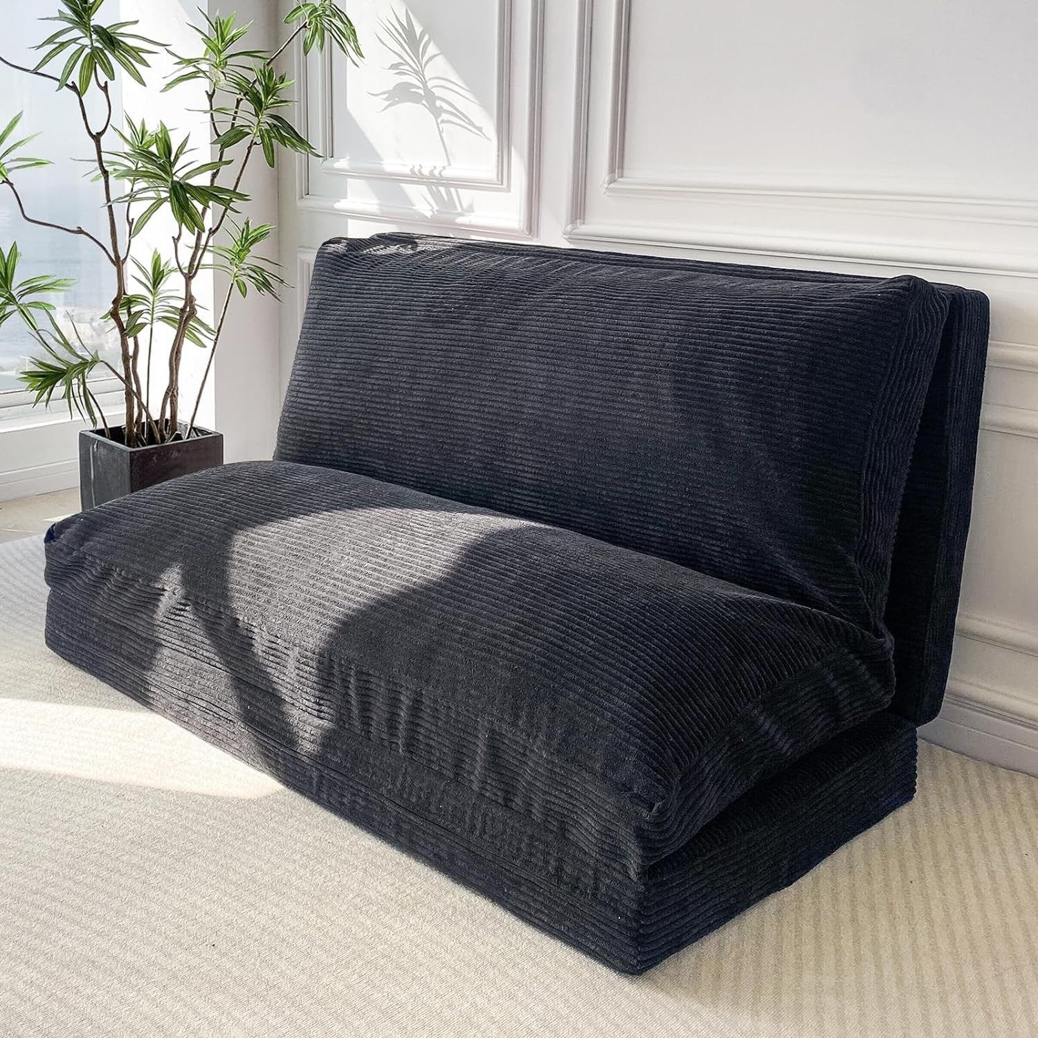 Bean Bag Bed Folding Sofa Bed Floor Mattress for Adults, Extra Thick and Long Floor Sofa with Corded Washable Cover, Black, 30X95 Inch