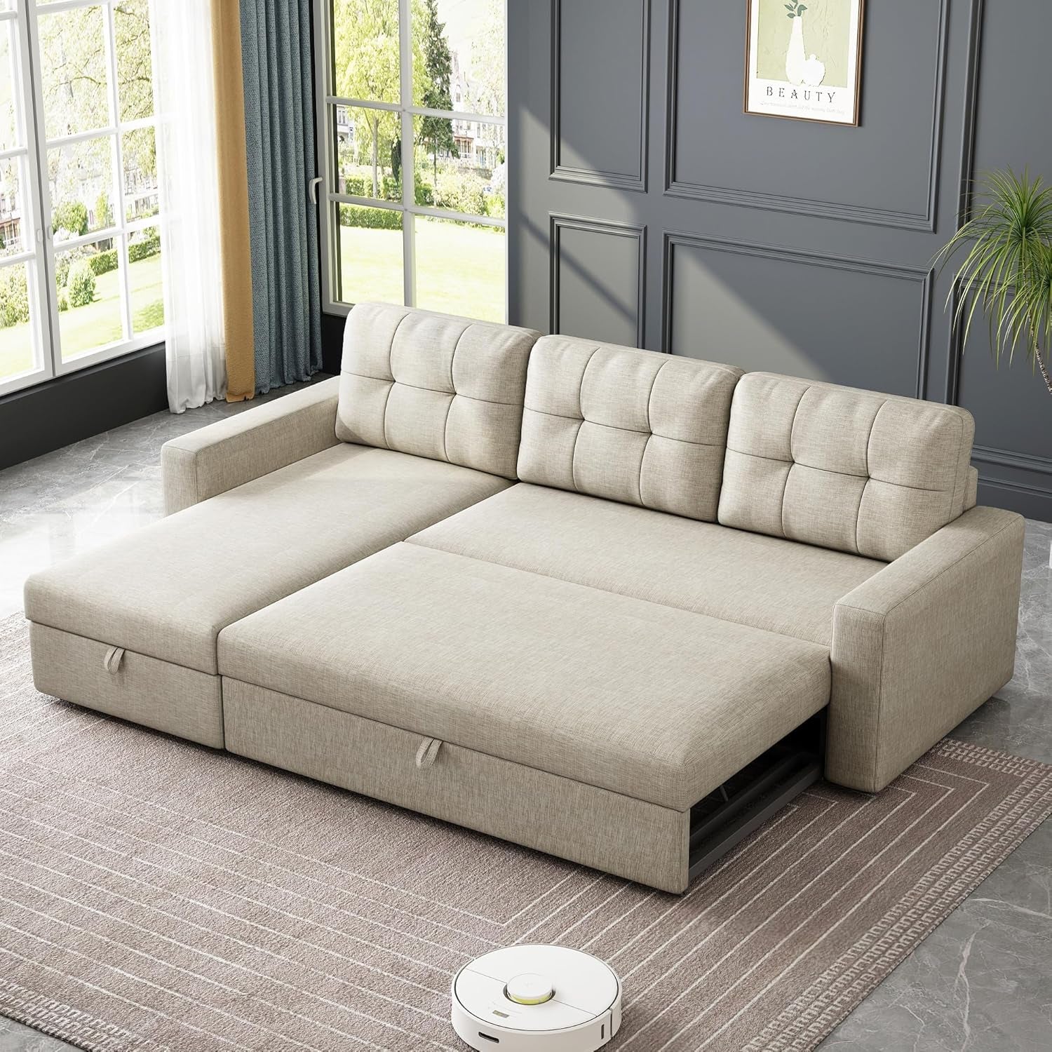 81.5" Sectional Sleeper Sofa with Storage Chaise, L Shaped Pull Out Couch Bed with 3 Removable Back Cushion for Living Room,Apartment,Office, Beige1