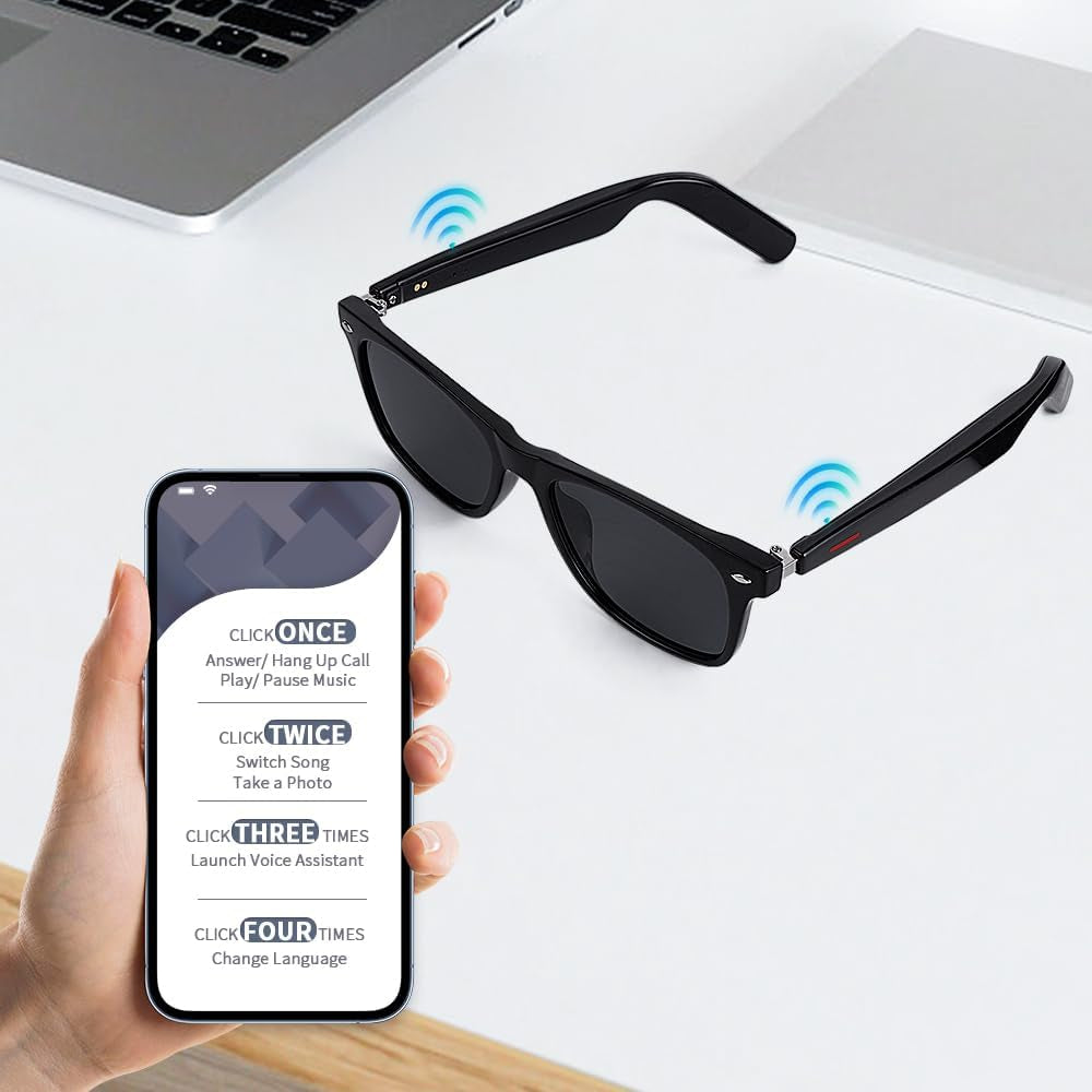 Smart Glasses for Men Women with AAC Speaker Open Ear Music Remote Photo Voice Assistant Hand-Free Calling, Unisex Audio Intelligent Bluetooth 5.0 Sunglasses Fits Smaller Faces, Great Gift for Friends