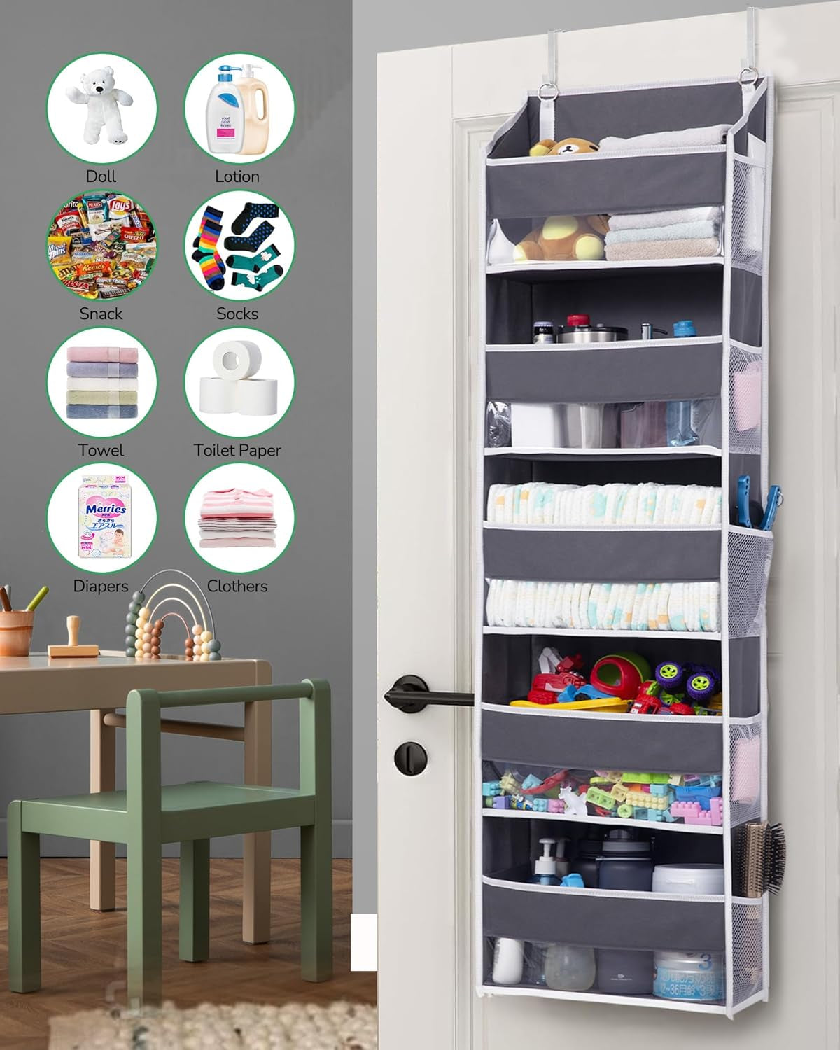 1 Pack over Door Organizer with 5 Large Pockets 10 Mesh Side Pockets, 44 Lbs Weight Capacity Hanging Storage Organizer with Clear Window Kids Toys, Shoes, Diapers, Dark Grey, 5 Layers