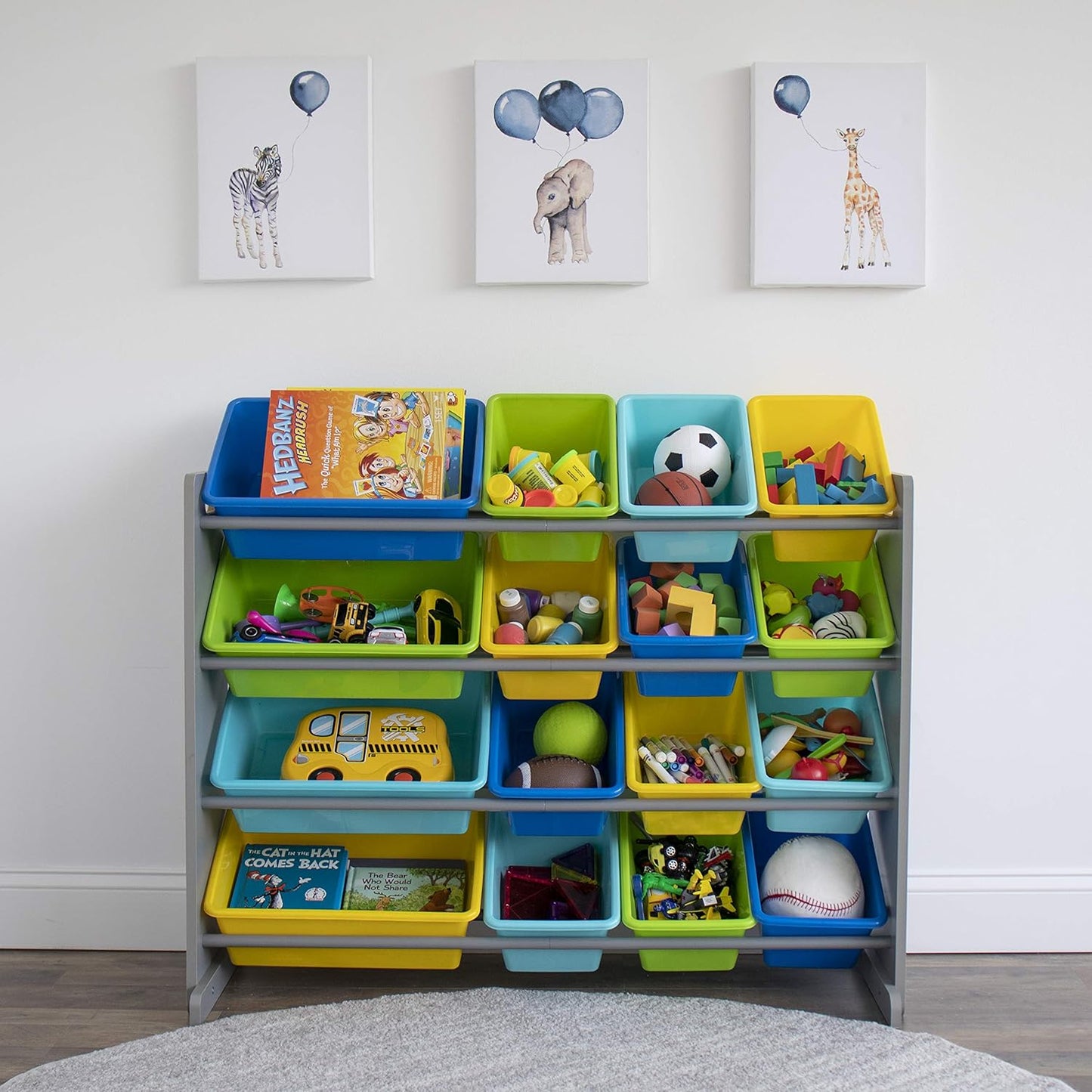 Extra-Large Toy Organizer, 16 Storage Bins, Grey/Blue/Green/Yellow,15.5"D X 42"W X 35"H